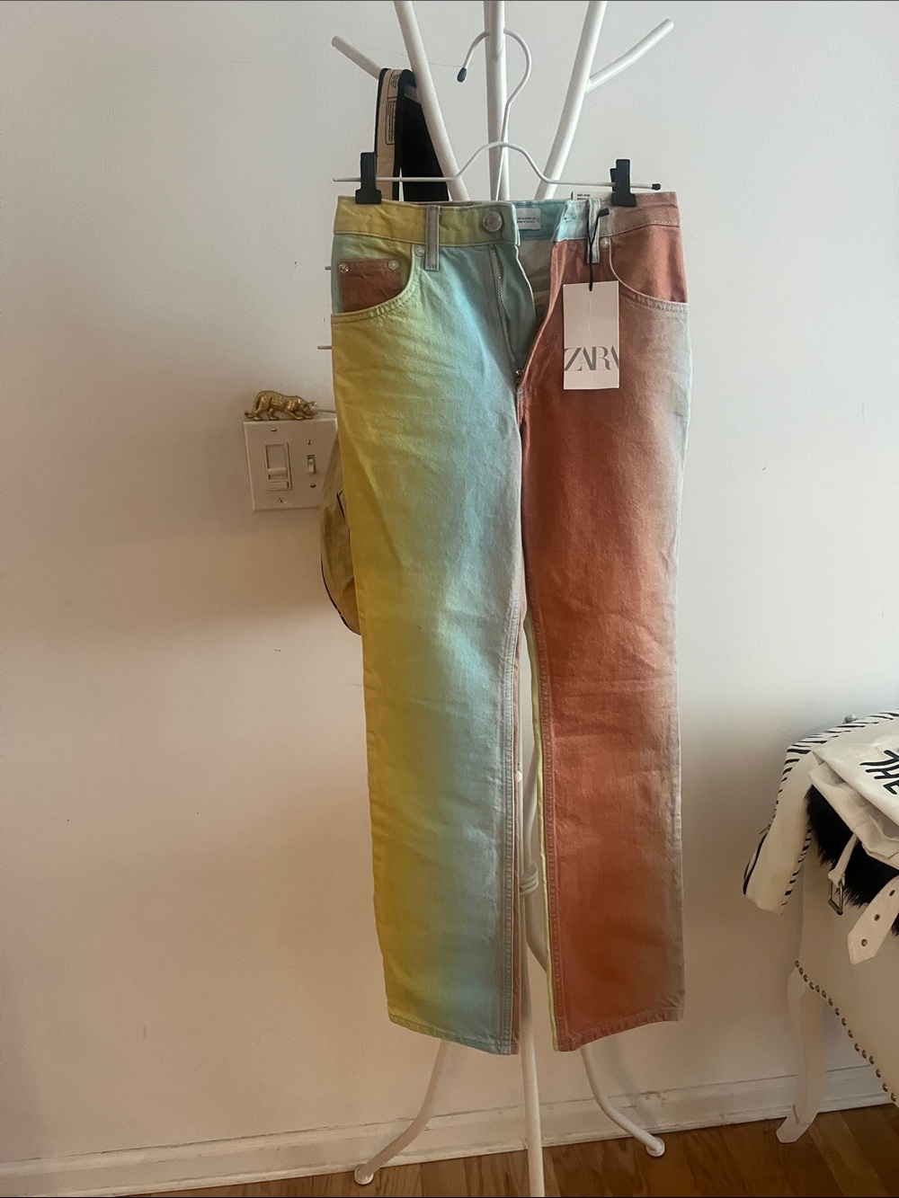 Zara Two-Tone Pastel Straight-Leg Jeans - Yellow, Blue, Rust